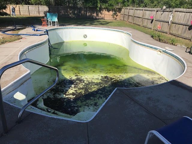 Before: worn or failed vinyl liner, Freeform pool &mdash; new liner replacing a failed one